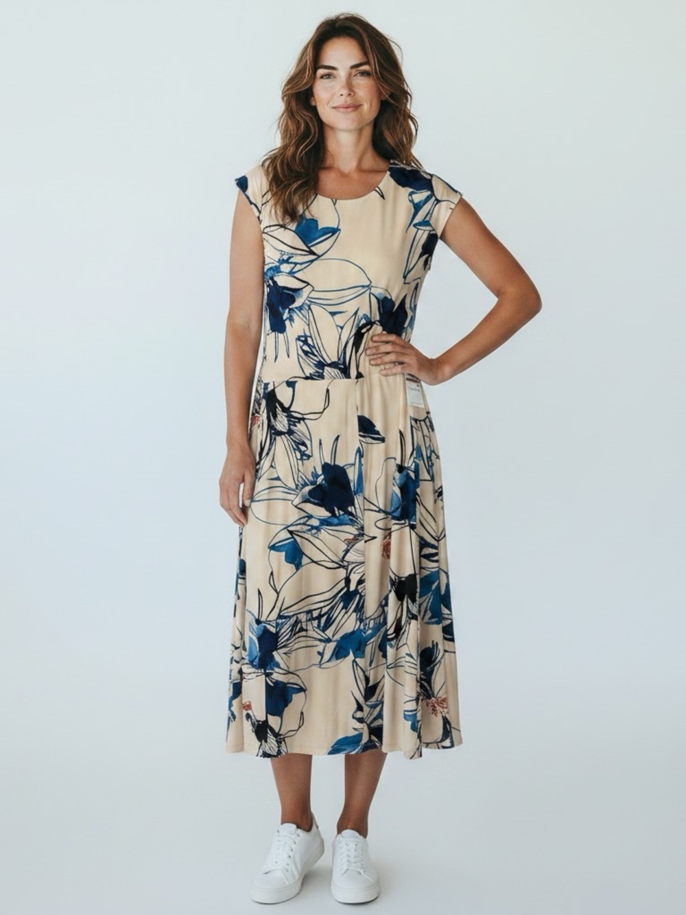 New Calvin Klein Floral Cap-Sleeve Midi Dress in Beige retail $134 size 12